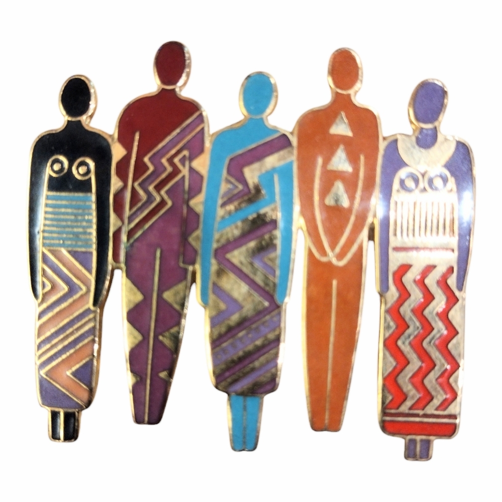 Vintage Signed Laurel Burch Tribe Brooch Pin Enamel Gold Tone Women African Dres
